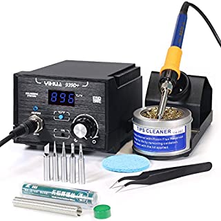 YIHUA 939D+ Digital Soldering Station, 75W Equivalent with Precision Heat Control (392°F to 896°F) and Built-in Transformer. ESD Safe, Lead Free with °C/°F display + 5 Solder Tips, Solder & 3 Extras