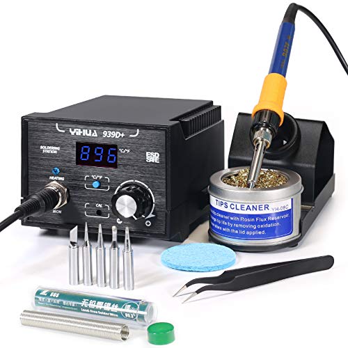 YIHUA 939D+ Digital Soldering Station, 75W Equivalent with Precision Heat Control (392°F to 896°F) and Built-in Transformer. ESD Safe, Lead Free with °C/°F display (Black)