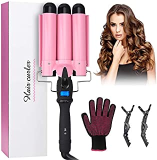 3 Barrel Curling Iron - FlyBeBe Hair Waver Crimper Hair Iron, Beach Waves Curling Iron 1 Inch Ceramic Tourmaline Curling Wand, Dual Voltage Hair Crimper with LCD Temperature Display