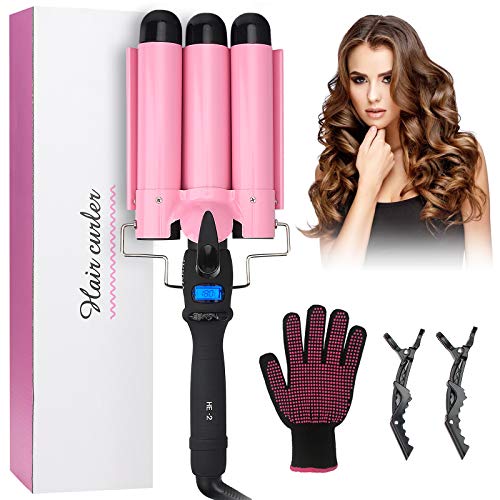 3 Barrel Curling Iron - FlyBeBe Hair Waver Crimper Hair Iron, Beach Waves Curling Iron 1 Inch Ceramic Tourmaline Curling Wand, Dual Voltage Hair Crimper with LCD Temperature Display