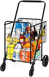 Best Choice Products 24.5x21.5in Portable Folding Multipurpose Steel Storage Utility Cart Dolly for Shopping, Groceries, Laundry w/Bonus Basket, Swivel Double Front Wheels, Black