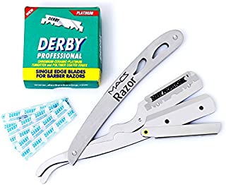 Macs Professional Stainless Steel Barber Straight Edge Razor with Hi-Chromium Derby 100 Count Blades Made of Stainless Steel Easy To Replace-053B1