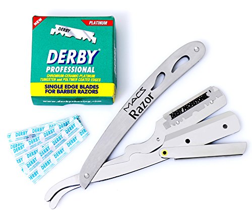 Macs Professional Stainless Steel Barber Straight Edge Razor with Hi-Chromium Derby 100 Count Blades Made of Stainless Steel Easy To Replace-053B1