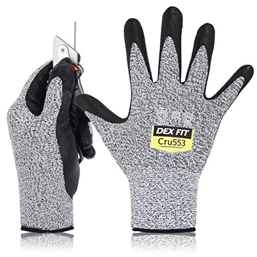 DEX FIT Level 5 Cut Resistant Gloves Cru553, 3D Comfort Stretch Fit, Power Grip, Durable Foam Nitrile, Pass FDA Food Contact, Smart Touch, Thin & Lightweight, Grey 8 (M) 1 Pair