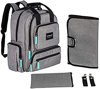 YavoBaby Diaper Bag Backpack - Large Capacity 18 Pocket Multi-Functional Unisex Diaper Bag - Extremely Durable and Stylish - Includes Changing Pad, Stroller Straps, and Nursing Pouch -Gray w/Teal Tags