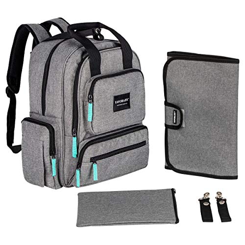 YavoBaby Diaper Bag Backpack - Large Capacity 18 Pocket Multi-Functional Unisex Diaper Bag - Extremely Durable and Stylish - Includes Changing Pad, Stroller Straps, and Nursing Pouch -Gray w/Teal Tags