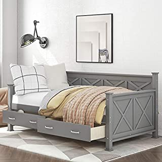 Twin Size Daybed with Drawers, Wood Twin Bed Frame with Storage Drawers, No Box Spring Needed (Grey (with Drawers))