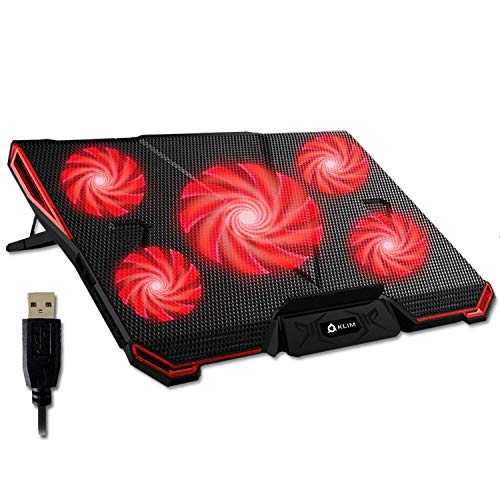 KLIM Cyclone Laptop Cooling Pad - 5 Fans Cooler - No More Overheating - Increase Your PC Performance and Life Expectancy - Ventilated Support for Laptop - Gaming Stand to Reduce Heating (Red)