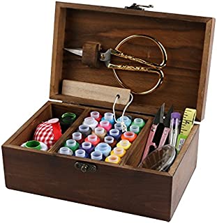 MissLytton Sewing Kit Box Basket, Wooden Hand Home Sewing Repair Tool Kit, Beginner Universal Sew Kit Accessories for Women, Men, Adults, Girls, Kids (Retro Dandelion)