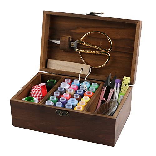 MissLytton Sewing Kit Box Basket, Wooden Hand Home Sewing Repair Tool Kit, Beginner Universal Sew Kit Accessories for Women, Men, Adults, Girls, Kids (Retro Dandelion)