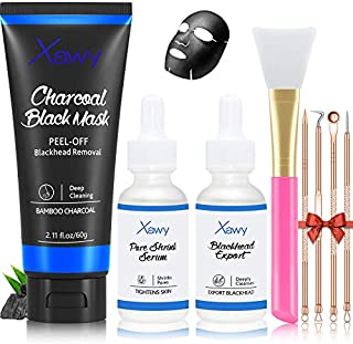 Blackhead Remover Mask,Xawy Black Mask 5in-1 Charcoal Peel off Face Mask with Blackhead Export,Pore Shrink Serum,Brush&Blackhead Extractor Tool Set,Deep Cleansing,Pore Refining