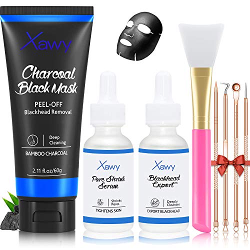 Blackhead Remover Mask,Xawy Black Mask 5in-1 Charcoal Peel off Face Mask with Blackhead Export,Pore Shrink Serum,Brush&Blackhead Extractor Tool Set,Deep Cleansing,Pore Refining