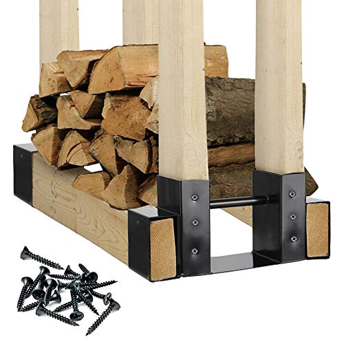 HEONITURE Firewood Log Storage Rack Bracket Kit with Screws and Drain Holes Fireplace Wood Storage Holder Powder Coated Heavy Duty Steel Adjustable to Any Length Indoor Outdoor Black 2 Pack (1)