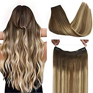 GOO GOO Halo Hair Extensions Real Human Hair Ombre Walnut Brown to Ash Brown and Bleach Blonde 80g 18 Inch Invisible Wire Screct Extensions Flip in Couture Natural Hair Extensions for Women Hairpiece