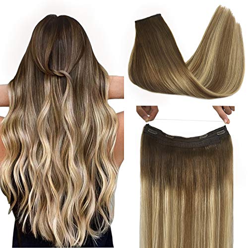 GOO GOO Halo Hair Extensions Real Human Hair Ombre Walnut Brown to Ash Brown and Bleach Blonde 80g 18 Inch Invisible Wire Screct Extensions Flip in Couture Natural Hair Extensions for Women Hairpiece