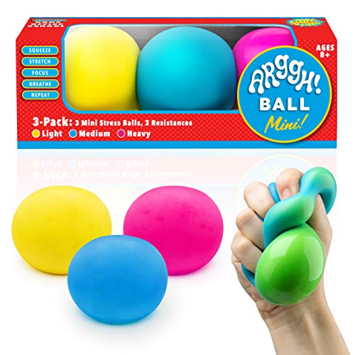 Power Your Fun Arggh Mini Stress Balls for Adults and Kids - 3pk Squishy Stress Balls with Light, Medium, Heavy Resistances, Sensory Stress and Anxiety Relief Squeeze Toys (Yellow, Pink, Blue)