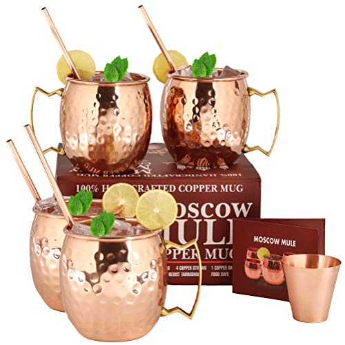 [Gift Set] Moscow Mule Copper Mugs - Set of 4-100% HANDCRAFTED Pure Solid Copper Mugs - 16 oz Premium Gift Set with BONUS: 4 Cocktail Copper Straws, Shot Glass and Recipe Booklet!