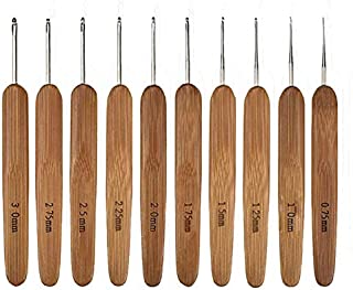 Katech 10 pcs Crochet Hooks Ergonomic Crochet Needles Bamboo Wooden Handle Small Size Crochet Hook (0.75-3.0 mm) Knit Weave Yarn Craft DIY Sewing Tools for Fine Work, Thin Yarn and Lace Knitting