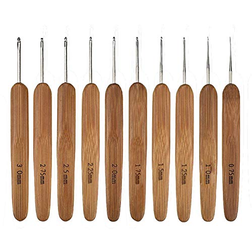 Katech 10 pcs Crochet Hooks Ergonomic Crochet Needles Bamboo Wooden Handle Small Size Crochet Hook (0.75-3.0 mm) Knit Weave Yarn Craft DIY Sewing Tools for Fine Work, Thin Yarn and Lace Knitting