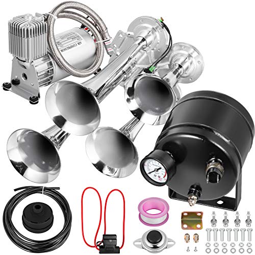 VEVOR Train Horn 12 Volt Train Horns Kit 4Trumpet Air Horn 150db Truck Loudest Train Horn with 0.5 Gallon Air Compressor 110 PSI Car Train Horn for Truck Complete Kit and Blaster Train Horn Kit