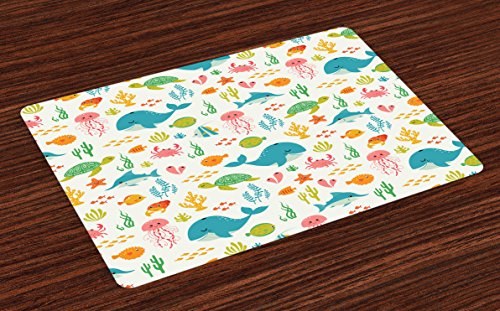 Lunarable Cartoon Place Mats Set of 4, Underwater Animals Aqua Marine Life with Crabs Sea Stars Fish Illustration, Washable Fabric Placemats for Dining Table, Standard Size, Yellow Green