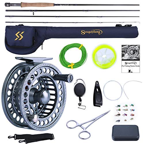 Sougayilang Fly Fishing Rod and Reel Combo, 4 Pieces Ultra Lightweight Portable Fly Rod and CNC Machined Aluminum Alloy Matte Reel Complete Starter Package with Rod Bag