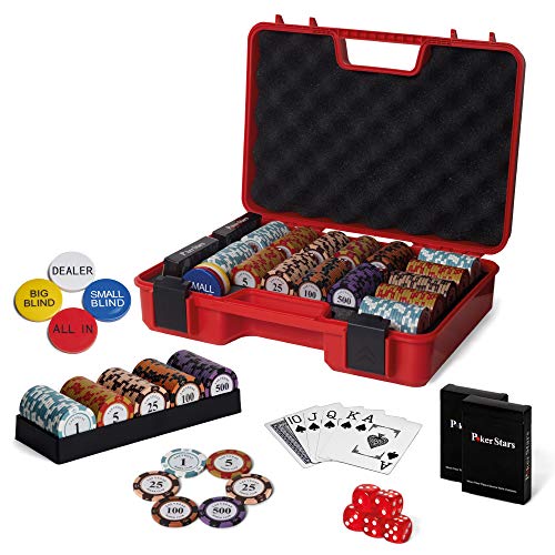 RUNIC Exclusive Poker Set 300 pcs, 14 Gram Clay Poker Chips for Texas Holdem, Black Jack, Casino Grade Chips, Features a Tasteful Shock Resistant Poker Case (Red)