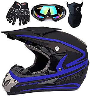 CUTEY Adult Motocross Helmet - Man DOT Approved Dirt Bike ATV Motorcycle Helmet Road Downhill Motorbike Full Face Helmets Mask + Goggles + Gloves,Blue,XL