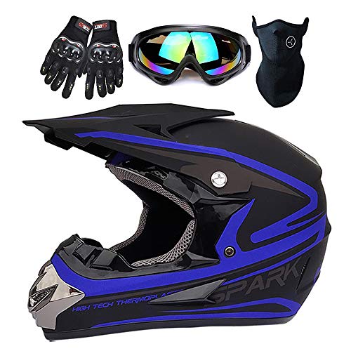 CUTEY Adult Motocross Helmet - Man DOT Approved Dirt Bike ATV Motorcycle Helmet Road Downhill Motorbike Full Face Helmets Mask + Goggles + Gloves,Blue,XL