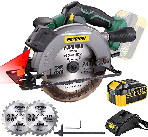 POPOMAN Cordless Circular Saw, 4300 RPM, 20V 4.0Ah Battery, Fast Charger, 2 x Blade(6-1/2