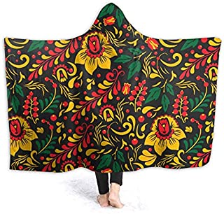 AUISS Wearable Throw Blanket Russian Ethnic Flower Hoodie Throw Wrap Cape Cloak Summer Toddlers Thick Blankets Couch Bed Shawl Flannel with Sleeves