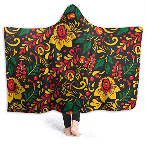 AUISS Wearable Throw Blanket Russian Ethnic Flower Hoodie Throw Wrap Cape Cloak Summer Toddlers Thick Blankets Couch Bed Shawl Flannel with Sleeves