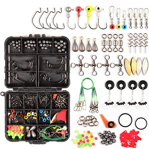 CYRUSGOLD Fishing Accessories Kit - 187 Pcs Fishing Tackle Kit Box Set for Men's Fishing Equipment and Supplies - Includes Jig Hooks, Head Jigs, Spoon Lure, Sinker Weights, Hook Spring Leaders, Etc