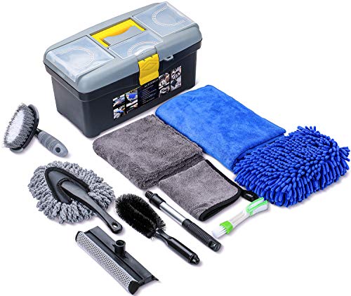 AUTODECO 10pcs Car Cleaning Tools Kit, Detailing Interiors Premium Microfiber Cleaning Cloth - Car Wash Mitt - Tire Brush - Window Water Blade with Storage Box