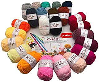 LovLim Crochet Yarn kit, 24 Soft Cotton Yarn skeins for Crochet and Knitting,1500+ Yards Craft DK Yarn, Free Crochet/Amigurumi Patterns, Perfect Starter kit