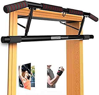 AmazeFan Pull Up Bar Doorway with Ergonomic Grip - Fitness Chin-Up Frame for Home Gym Exercise - 2 Professional Quality Wrist Straps + Workout Guide - No Installation Needed(Fits Almost All Doors)