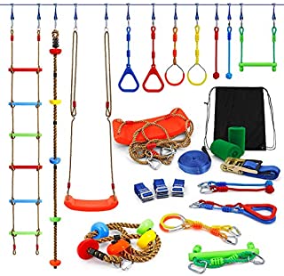 Kawuneeche Ninja Warrior Obstacle Course Kit for Kids Ninja Slackline with 10 Accessories Monkey Bars, Ladder, Climbing Rope, Gym Rings, Swing, Monkey Fist for Backyard Training Equipment