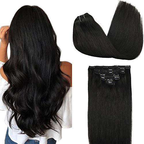 GOO GOO Clip in Hair Extensions Human Hair Natural Black #1b Color 20 Inch 7pcs 120g Straight Real Human Hair Extensions for Women