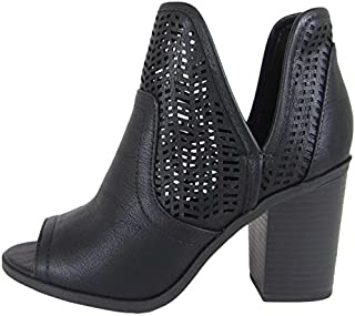 Soda Women's Laser Cut Side V Cutout Open Toe Stacked Chunky Heel Bootie,Black Nbpu,8.5