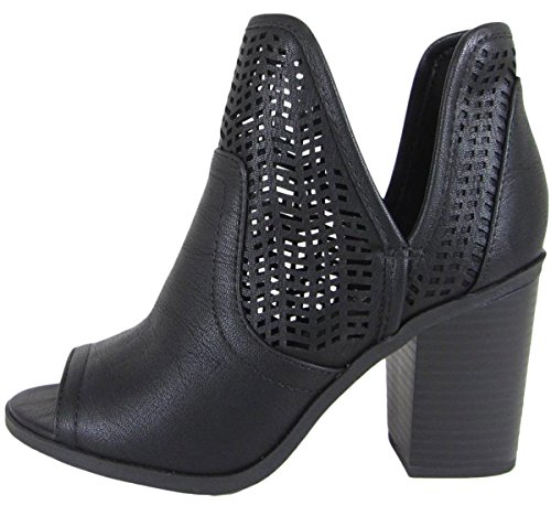 Soda Women's Laser Cut Side V Cutout Open Toe Stacked Chunky Heel Bootie,Black Nbpu,8.5