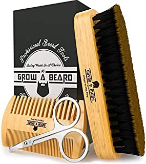 Beard Brush & Beard Comb Set w/ Beard Scissors Grooming Kit, Beard Brush For Men, Natural Boar Bristle Beard Brush, Men's Beard Brush, Boars Hair Beard Brush, Wood Comb Great for Mustaches