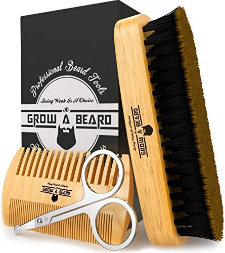 Beard Brush & Beard Comb Set w/ Beard Scissors Grooming Kit, Beard Brush For Men, Natural Boar Bristle Beard Brush, Men's Beard Brush, Boars Hair Beard Brush, Wood Comb Great for Mustaches