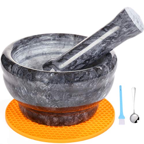 Mortar and Pestle Marble Set Double Sided Pestle for Spices Pestos Seasonings Pastes Guacamole Herb Bowl 2Cup Easy to Clean INCLUDED:Silicone Mat,Brush,Stainless Steel Spoon 4.52in(Large, Black Gray)