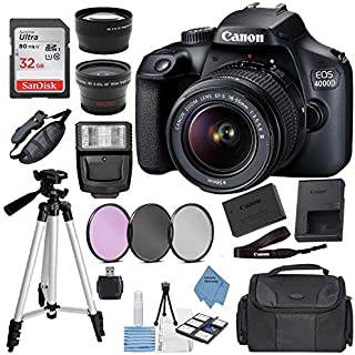 Canon EOS 4000D Digital SLR Camera w/ 18-55MM DC III Lens Kit (Black) with Accessory Bundle, Package Includes: SanDisk 32GB Card + DSLR Bag + 50 Tripod+Extreme Elec Cloth (International Model)