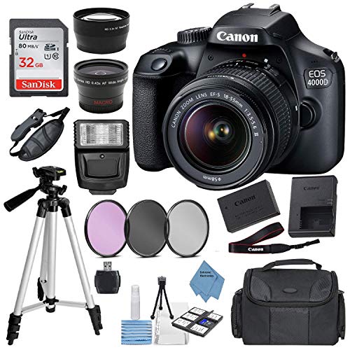 Canon EOS 4000D Digital SLR Camera w/ 18-55MM DC III Lens Kit (Black) with Accessory Bundle, Package Includes: SanDisk 32GB Card + DSLR Bag + 50 Tripod+Extreme Elec Cloth (International Model)