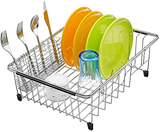 iPEGTOP Expandable Deep Large Dish Drying Rack and Utensil Cutlery Holder, Rustproof Stainless Steel Over Sink Dish Rack Basket Shelf, Dish Drainer in Sink or On Counter