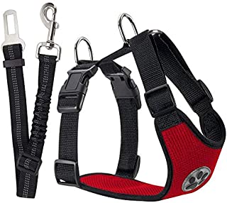 SlowTon Dog Car Harness Plus Connector Strap, Multifunction Adjustable Vest Harness Double Breathable Mesh Fabric with Car Vehicle Safety Seat Belt .(Red, Small)