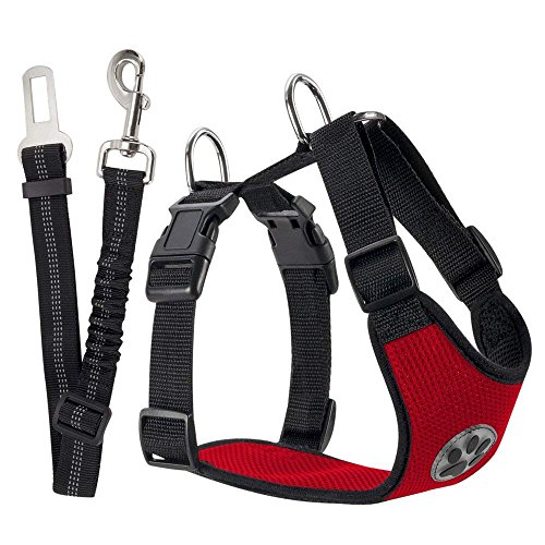 SlowTon Dog Car Harness Plus Connector Strap, Multifunction Adjustable Vest Harness Double Breathable Mesh Fabric with Car Vehicle Safety Seat Belt .(Red, Small)