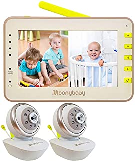 Moonybaby Split 55 Baby Monitor with 2 Cameras, Split Screen Video, Non-WiFi Pan Tilt Camera, Wide View Lens Included, 4.3 inches Large Monitor, Night Vision, Temperature, 2 Way Talk Back, Long Range