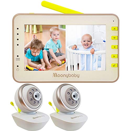 Moonybaby Split 55 Baby Monitor with 2 Cameras, Split Screen Video, Non-WiFi Pan Tilt Camera, Wide View Lens Included, 4.3 inches Large Monitor, Night Vision, Temperature, 2 Way Talk Back, Long Range